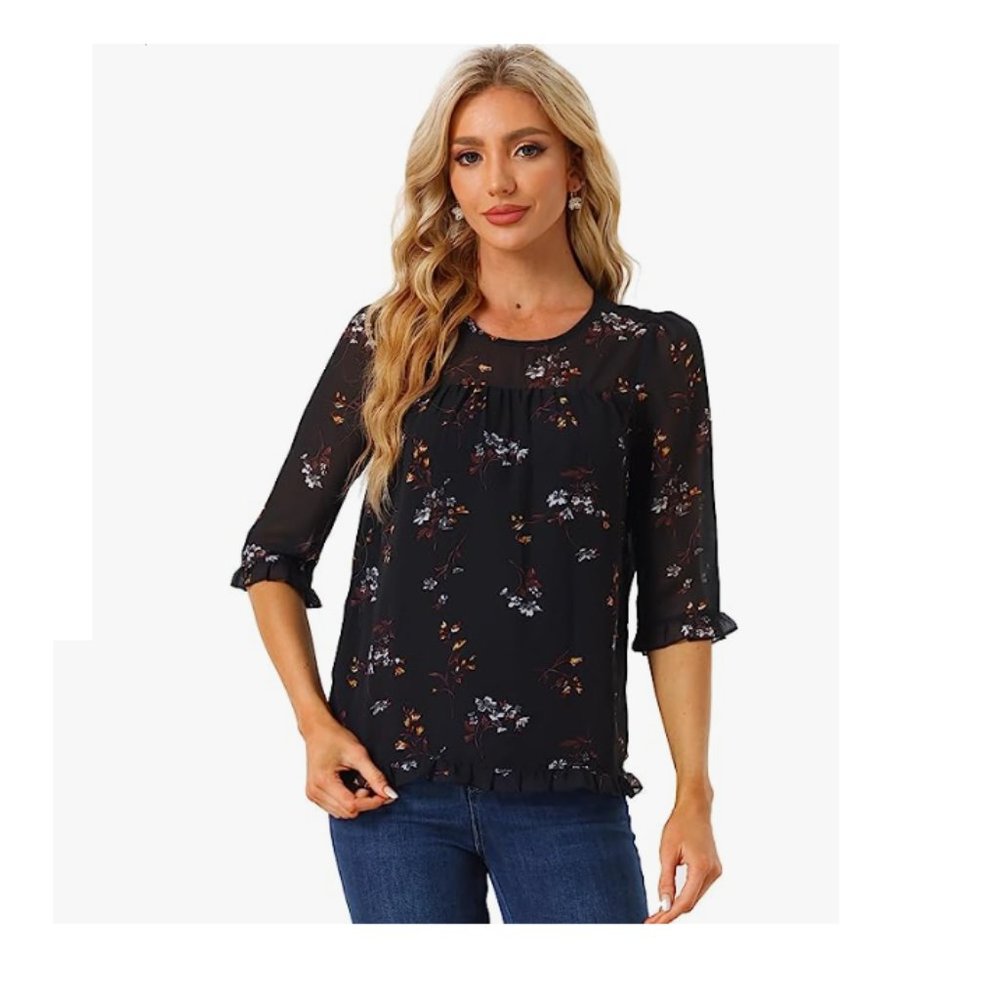 NEW Allegra K Women's Casual Ruffle 3/4 Sleeve Floral Print Chiffon Blouse Sz M